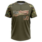 Custom Olive Vintage USA Flag-Cream Salute To Service Camo Raglan Sleeves Two-Button Unisex Softball Jersey
