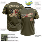Custom Olive Vintage USA Flag-Cream Salute To Service Camo Raglan Sleeves Two-Button Unisex Softball Jersey