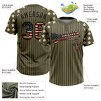 Custom Olive Cream Pinstripe Vintage USA Flag-Black Salute To Service Star Raglan Sleeves Two-Button Unisex Softball Jersey
