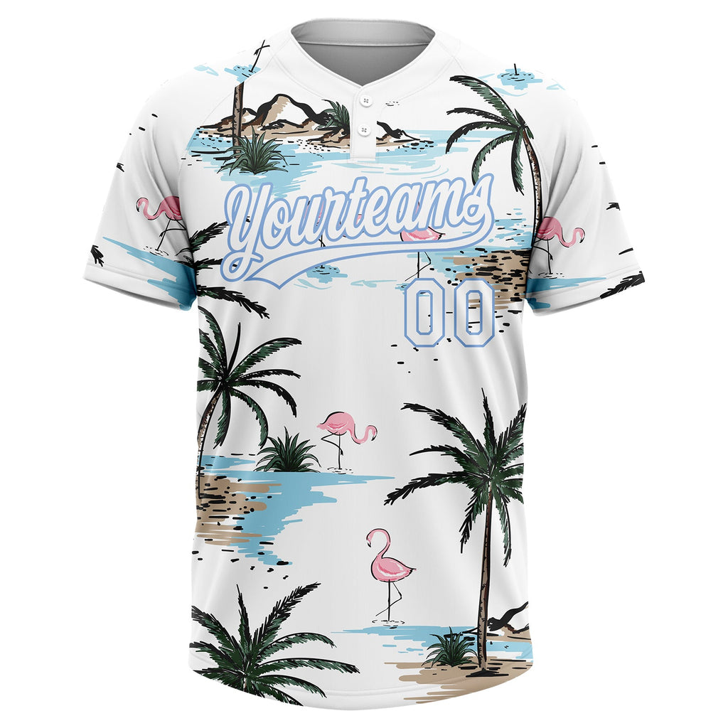 Custom White Light Blue Tropical Hawaii Palm Trees And Flamingo Two-Button Unisex Softball Jersey