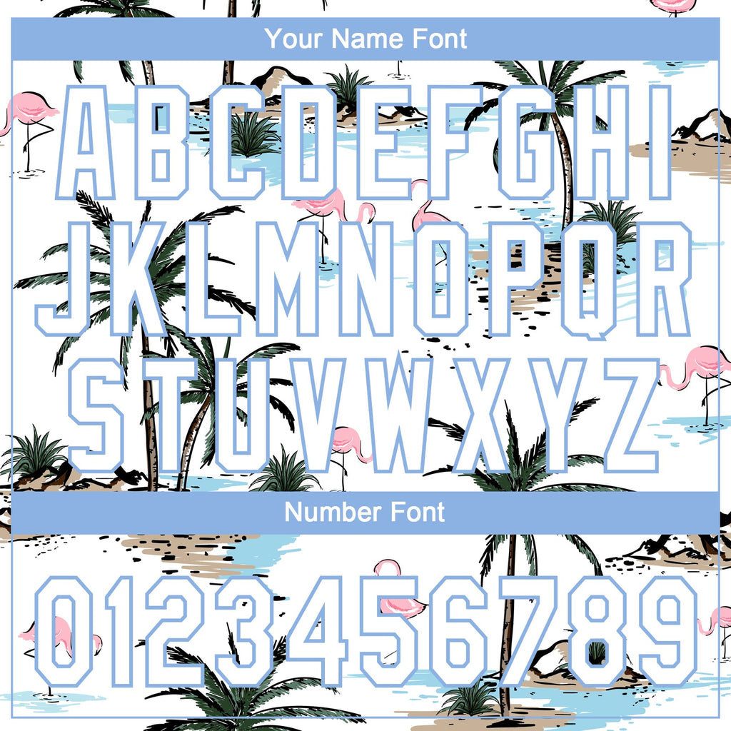 Custom White Light Blue Tropical Hawaii Palm Trees And Flamingo Two-Button Unisex Softball Jersey