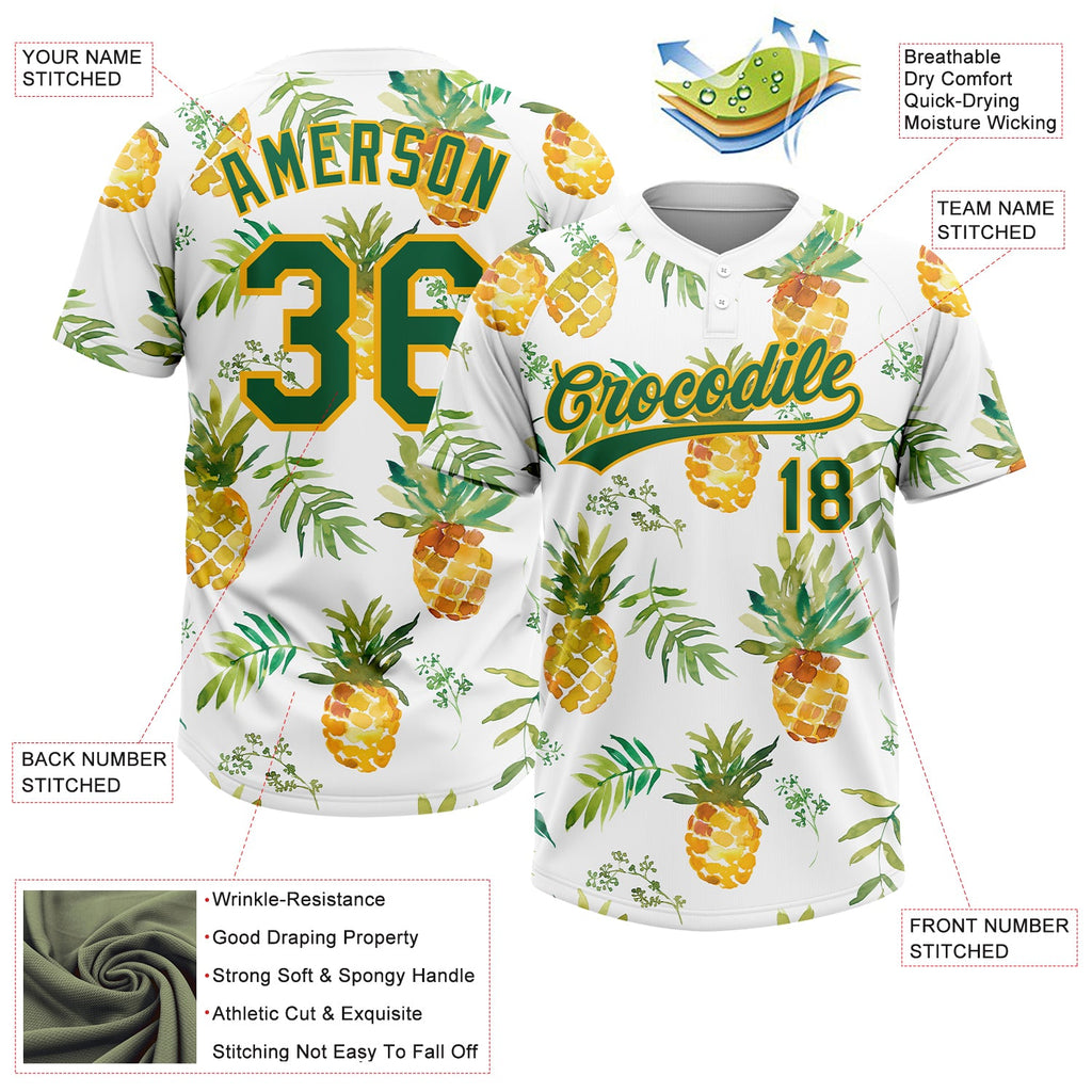 Custom White Kelly Green-Gold Hawaii Fruit Pineapples Two-Button Unisex Softball Jersey