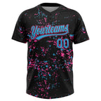 Custom Black Sky Blue Pink-Light Blue Abstract Shattered Paint Splatter Two-Button Unisex Softball Jersey