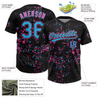 Custom Black Sky Blue Pink-Light Blue Abstract Shattered Paint Splatter Two-Button Unisex Softball Jersey