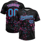 Custom Black Sky Blue Pink-Light Blue Abstract Shattered Paint Splatter Two-Button Unisex Softball Jersey