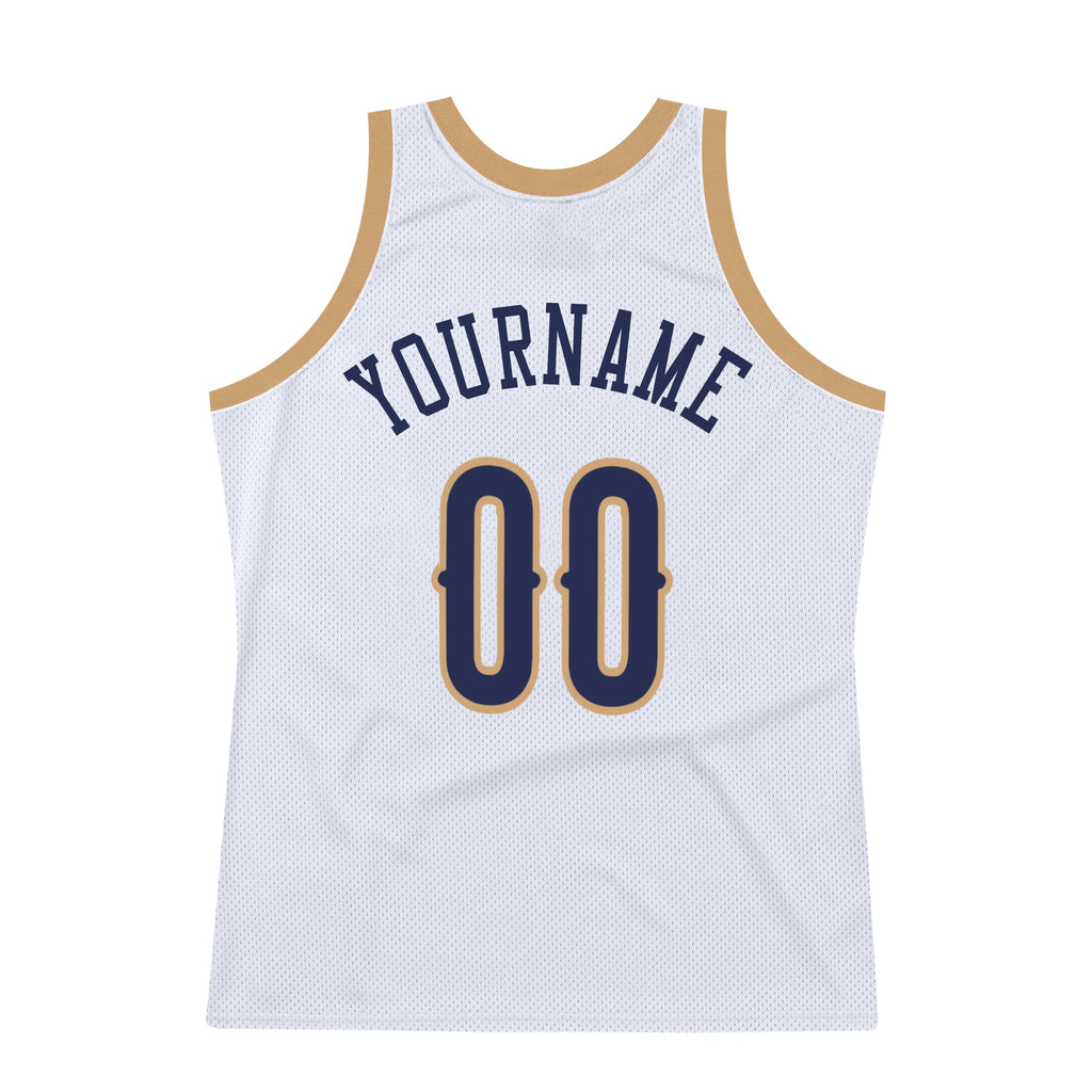 Custom White Navy-Old Gold Authentic Throwback Basketball Jersey