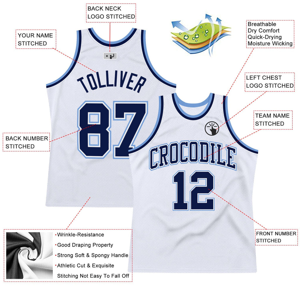Custom White Navy-Light Blue Authentic Throwback Basketball Jersey