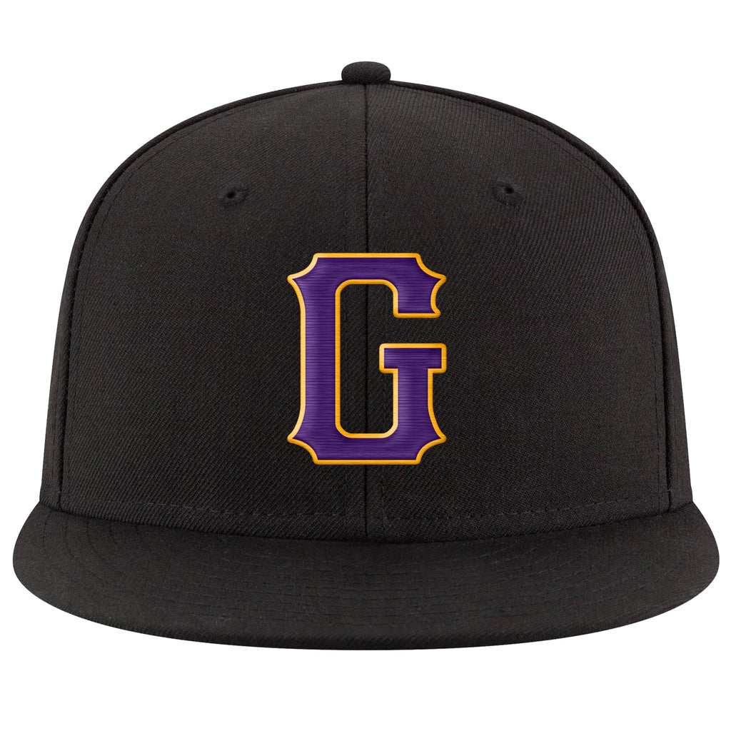 Custom Black Purple-Gold Stitched Adjustable Snapback Hat