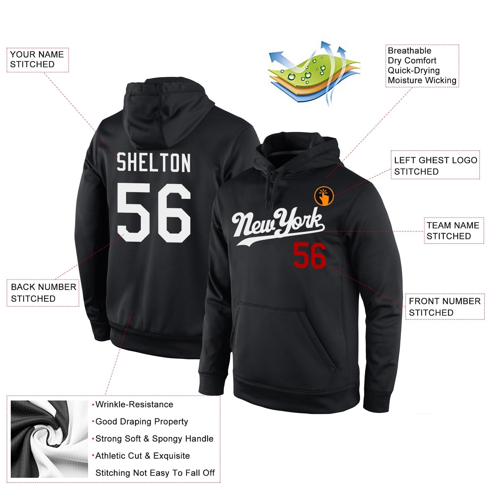Custom Stitched Black White-Red Sports Pullover Sweatshirt Hoodie