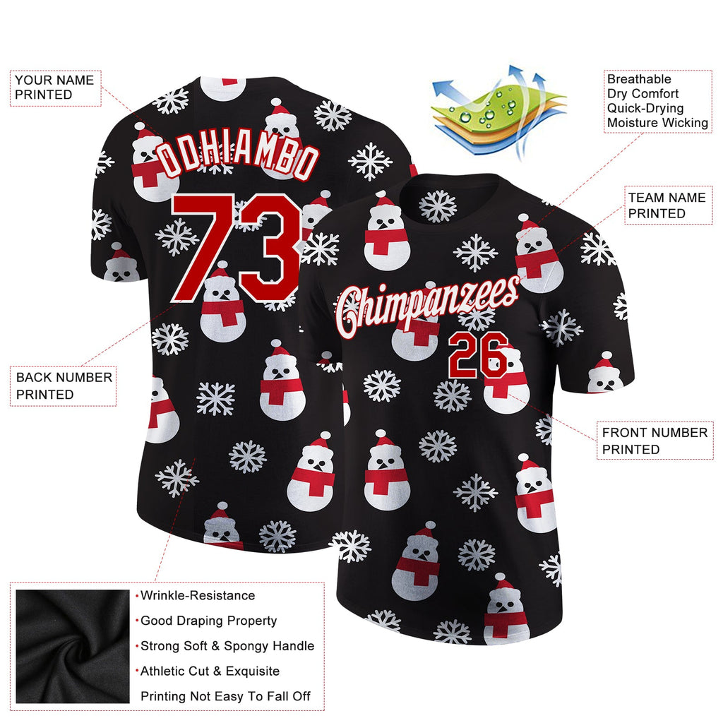 Custom Black Red-White Christmas 3D Performance T-Shirt