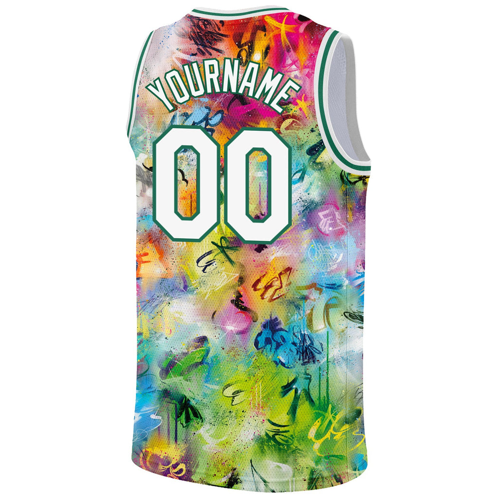Custom Scratch Graffiti Pattern White-Kelly Green 3D Authentic Basketball Jersey