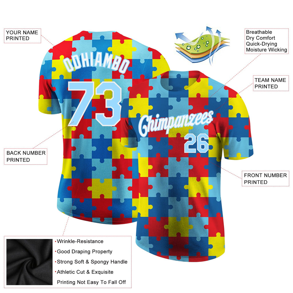 Custom Autism Supporter Awareness Puzzle Pieces Light Blue-White 3D Performance T-Shirt