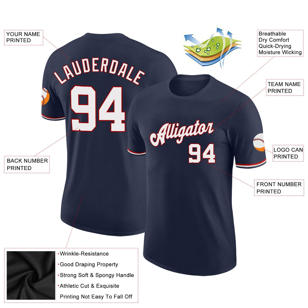 Custom Navy White-Red Performance T-Shirt