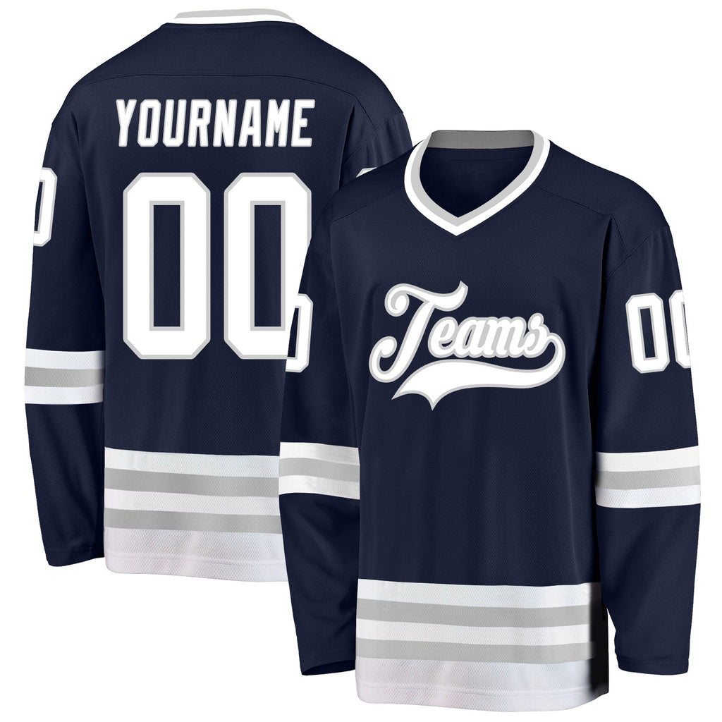 Custom Navy White-Gray Hockey Jersey